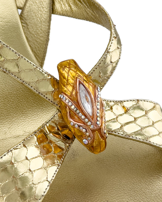 Gold Heeled Sandals with Metal Snake Head and Bamboo Heel