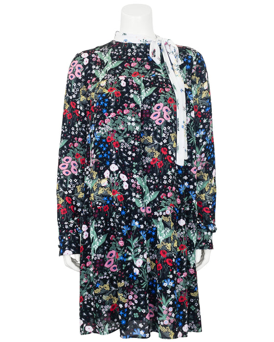 Black Floral Pattern Silk Dress