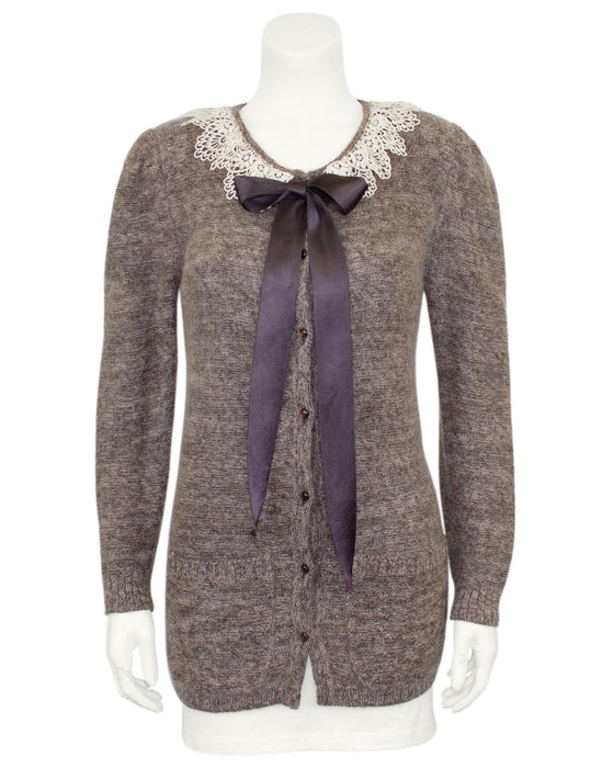 Brown Knit Cardigan with Lace Collar and Ribbon Tie