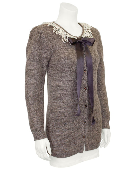 Brown Knit Cardigan with Lace Collar and Ribbon Tie