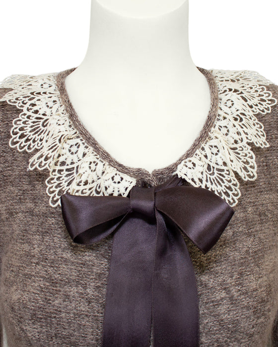 Brown Knit Cardigan with Lace Collar and Ribbon Tie