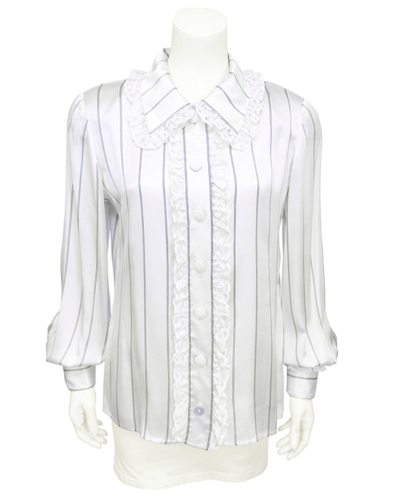 White Pinstripe Silk Blouse with Lace Ruffle