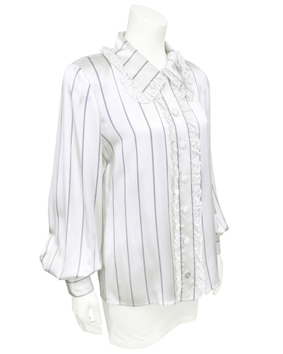White Pinstripe Silk Blouse with Lace Ruffle