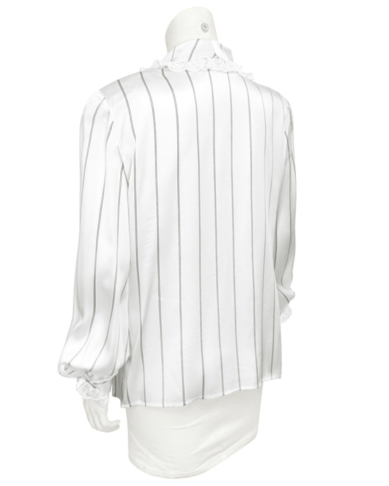 White Pinstripe Silk Blouse with Lace Ruffle