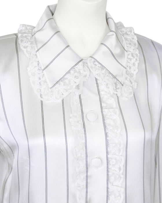 White Pinstripe Silk Blouse with Lace Ruffle