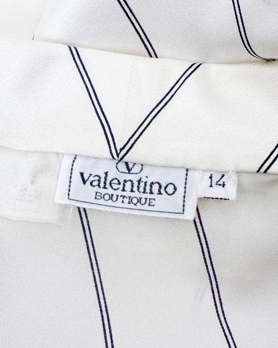 White Pinstripe Silk Blouse with Lace Ruffle