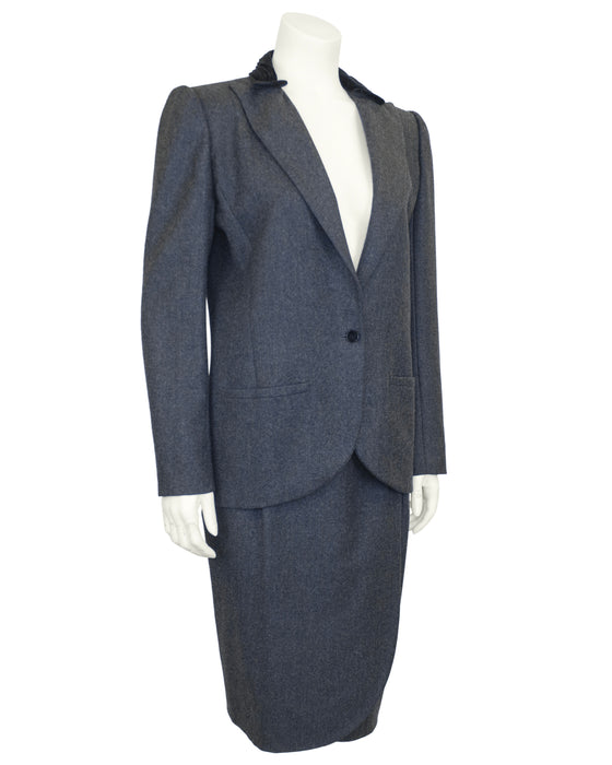 Grey Skirt Suit with Black Velvet Collar