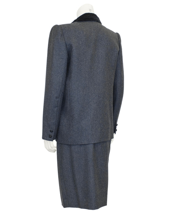 Grey Skirt Suit with Black Velvet Collar