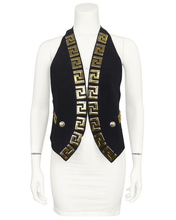 Black Suede Backless Vest Top w Gold Medusa Greek Meandros