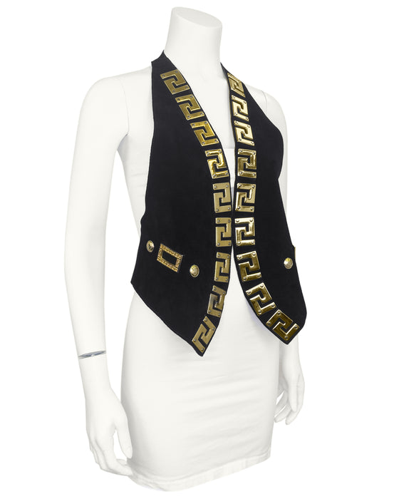 Black Suede Backless Vest Top w Gold Medusa Greek Meandros