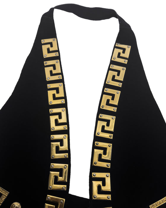 Black Suede Backless Vest Top w Gold Medusa Greek Meandros