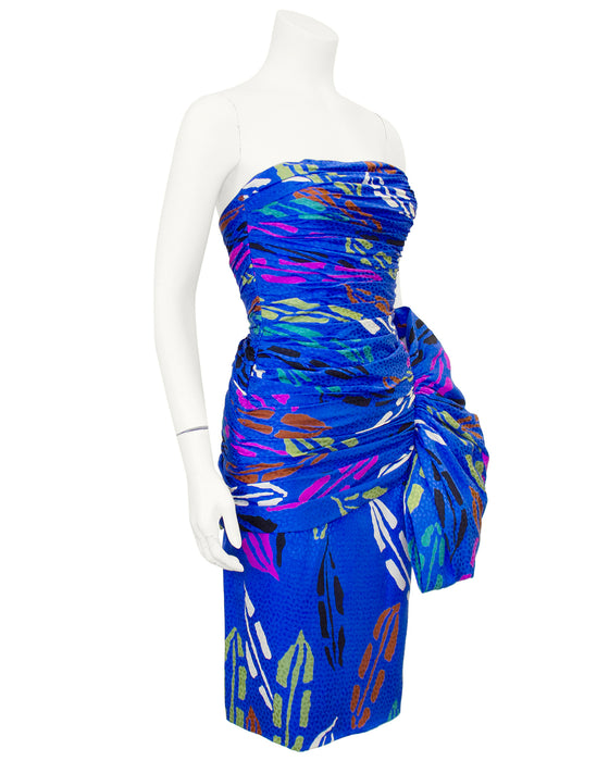 Blue Jacquard Strapless Cocktail Dress