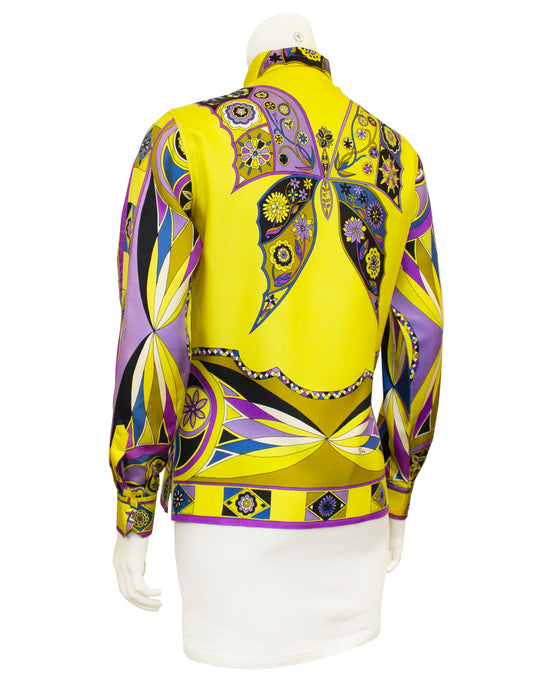 Yellow, Blue and Purple Printed Silk Shirt