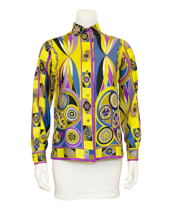 Yellow, Blue and Purple Printed Silk Shirt