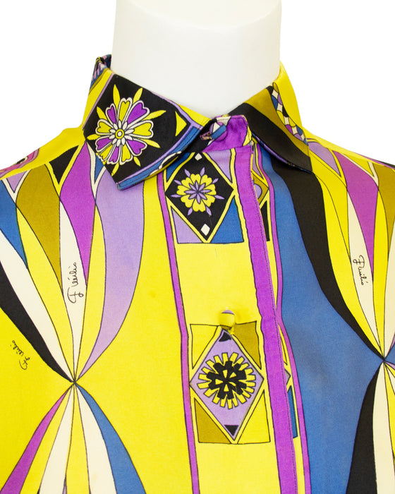 Yellow, Blue and Purple Printed Silk Shirt