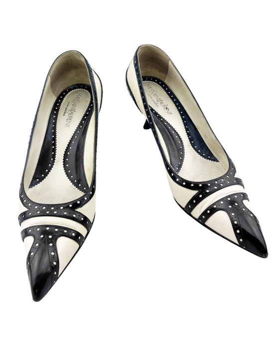 Black and White Brogue Style Kitten Heels