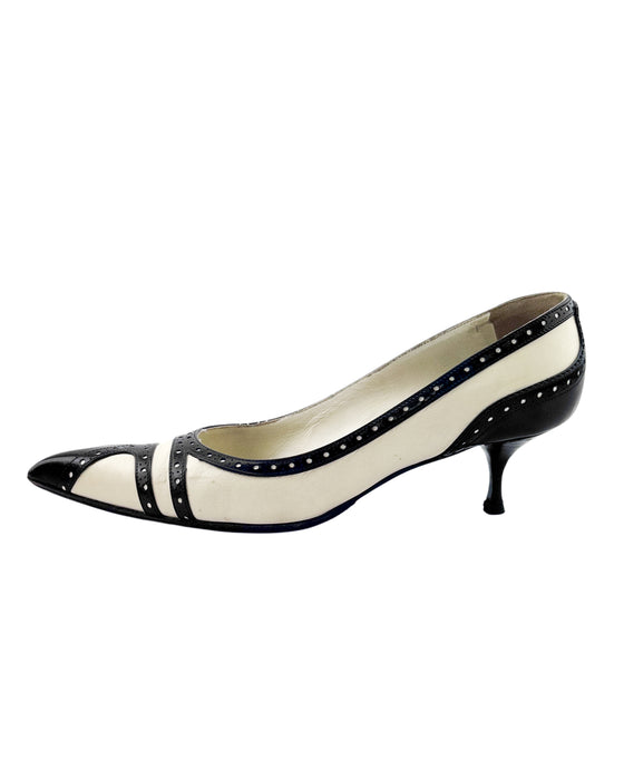 Black and White Brogue Style Kitten Heels