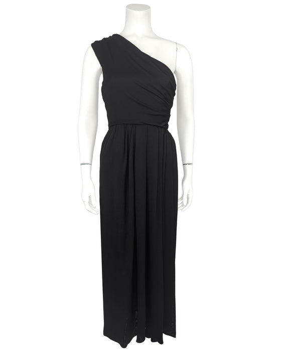 Black Jersey Gathered One Shoulder Gown