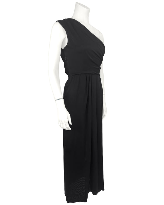 Black Jersey Gathered One Shoulder Gown