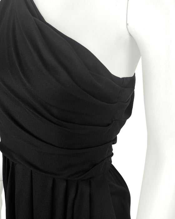 Black Jersey Gathered One Shoulder Gown