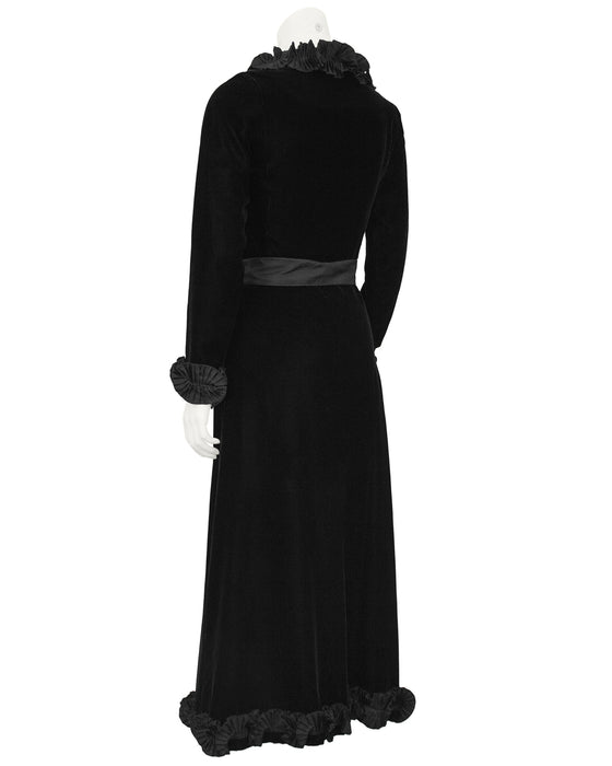Black Velvet Wrap Evening Dress with Ruffle Trim