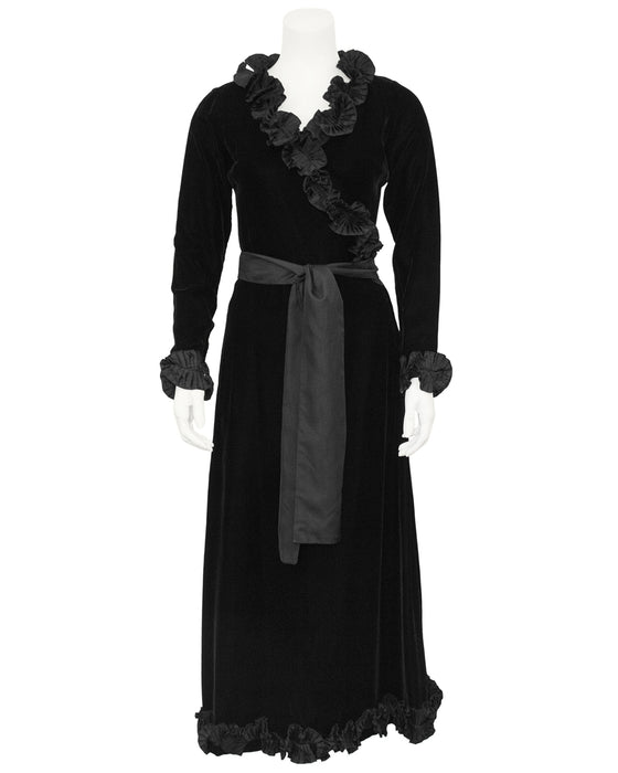 Black Velvet Wrap Evening Dress with Ruffle Trim