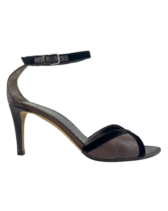 Brown Leather Heels with Velvet Trim