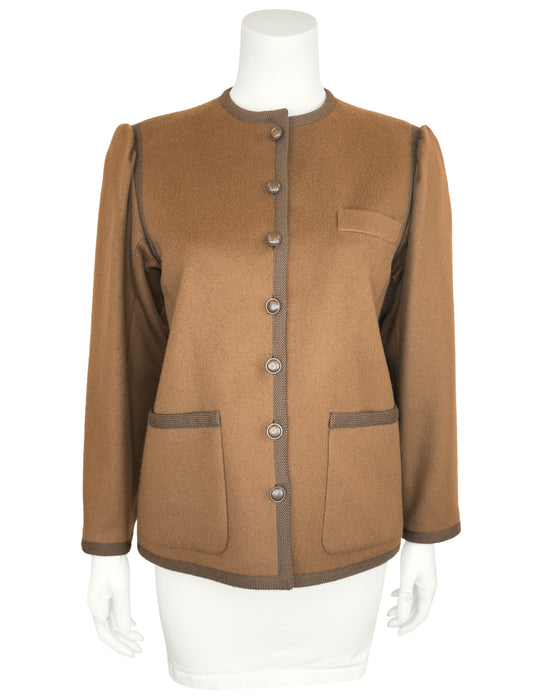 Brown Wool Peasant Style Jacket with Woven Trim