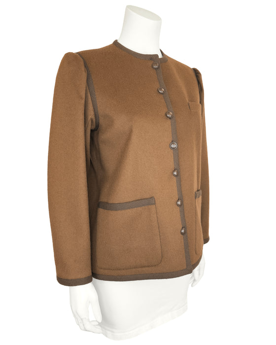 Brown Wool Peasant Style Jacket with Woven Trim
