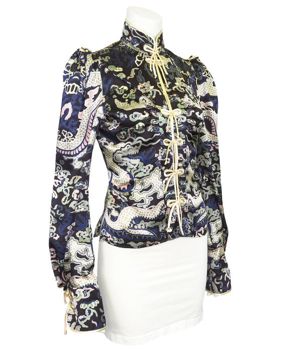 Navy Blue F/W 2004 by Tom Ford Silk Dragon Cheongsam Blouse