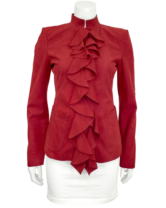 Red Suede Ruffle Front Jacket