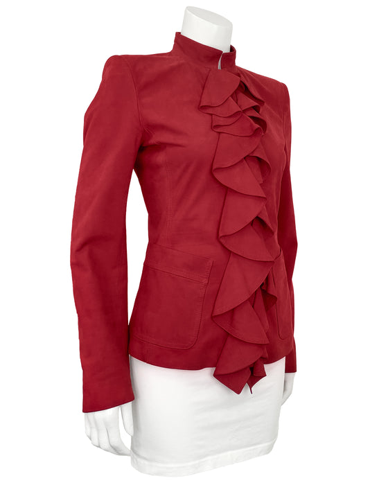 Red Suede Ruffle Front Jacket