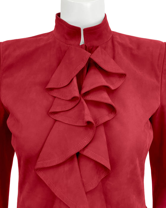 Red Suede Ruffle Front Jacket