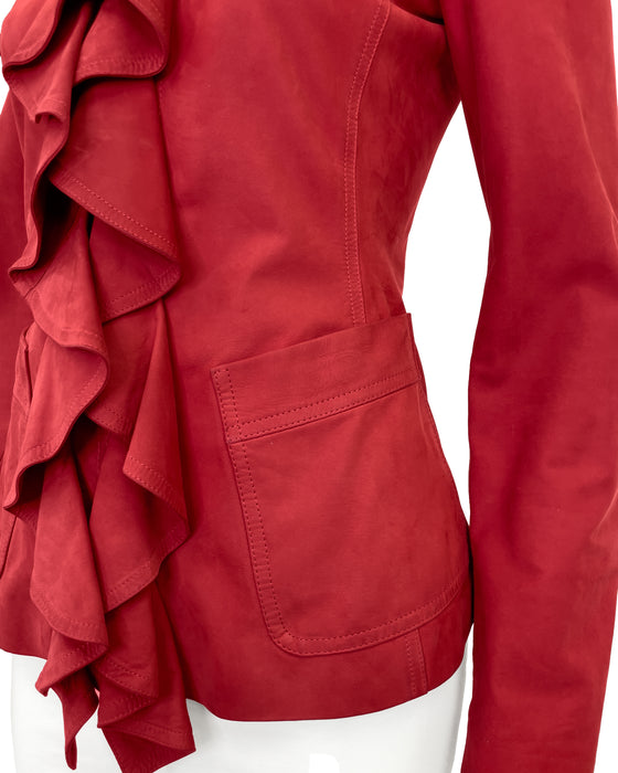 Red Suede Ruffle Front Jacket