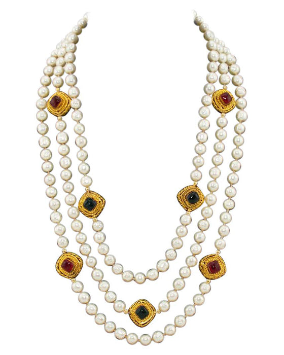 Triple Stand 1984 Pearl Necklace with Gripoix Jewels
