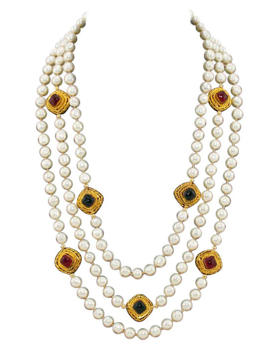 1984 Triple Stand Pearl Necklace with Gripoix Jewels
