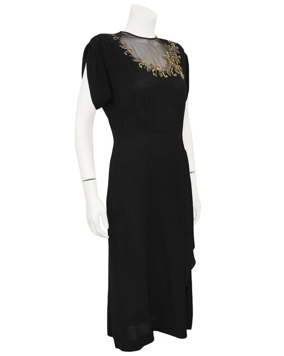 Black Crepe Dress with Sequin and Chiffon Neckline