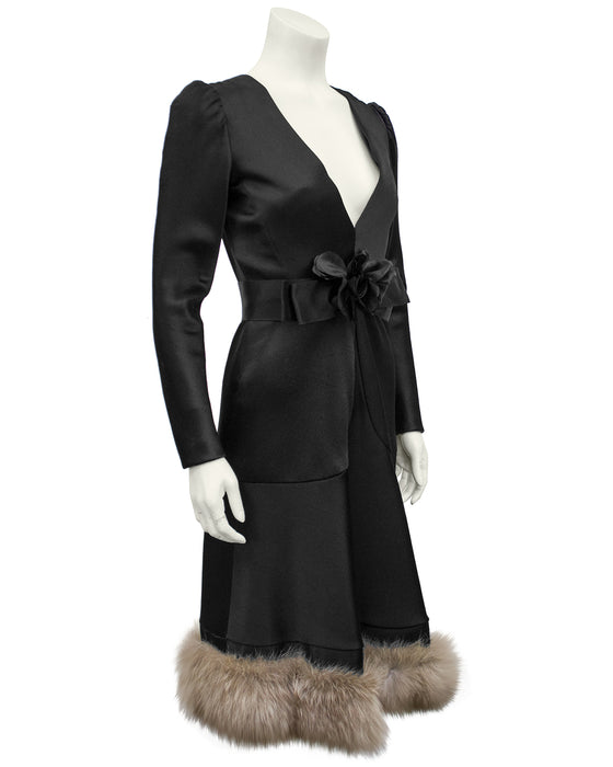 Black Satin Fur Trim Cocktail Dress