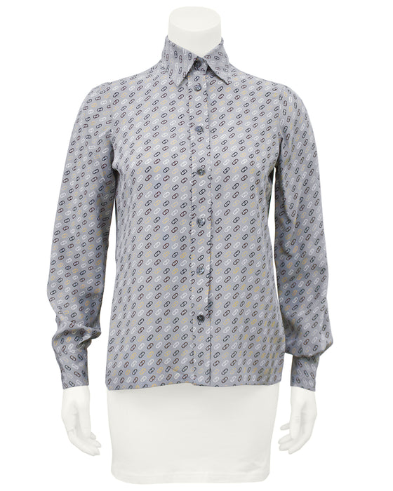 Grey Silk Blouse with Logo Link Pattern
