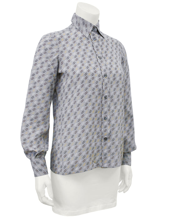 Grey Silk Blouse with Logo Link Pattern