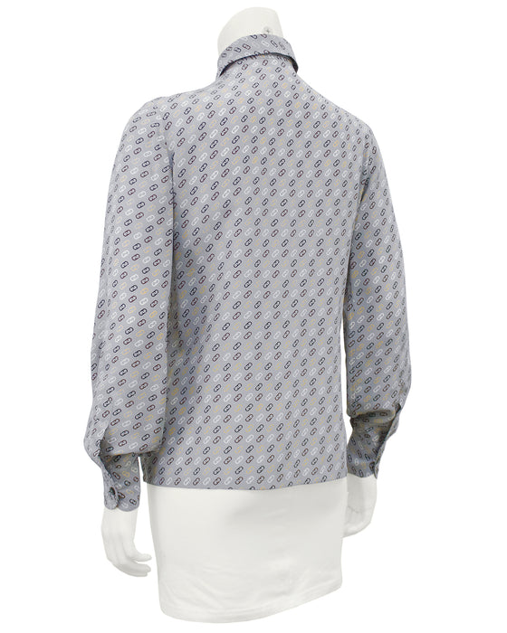Grey Silk Blouse with Logo Link Pattern