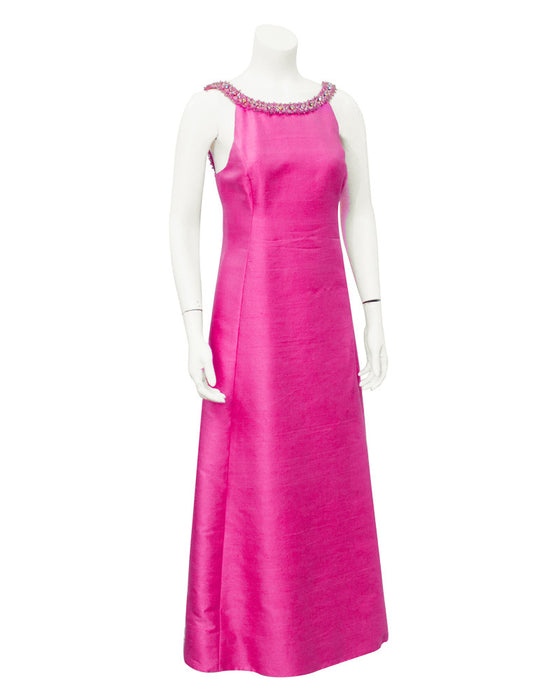 Pink raw silk evening gown with beaded neckline