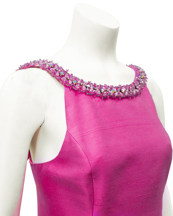 Pink raw silk evening gown with beaded neckline