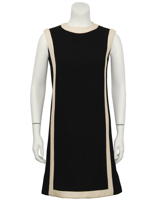 Black Wool Shift Dress with Cream Detail