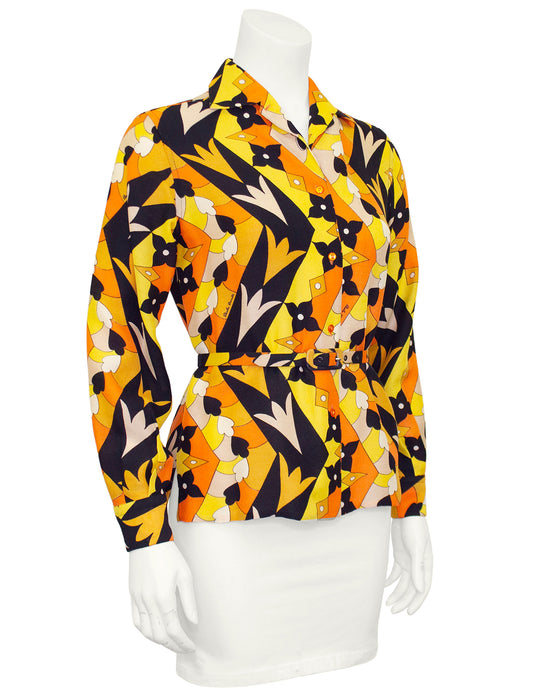 Paola Davitti Belted Orange, Yellow and Black Geometric Printed Blouse