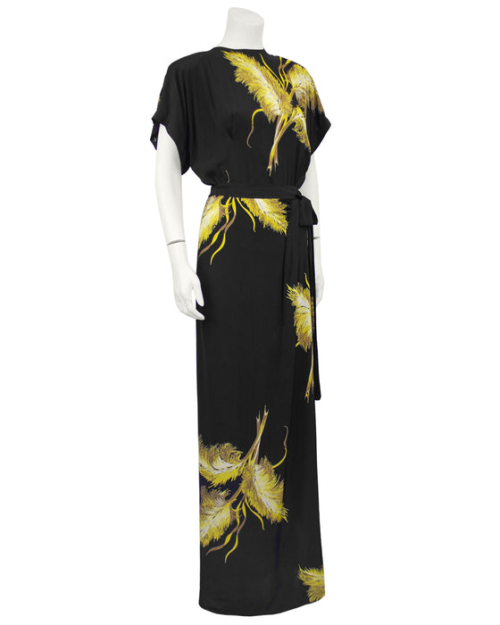 Black Silk Long Dress with Wheat Sheaf Print