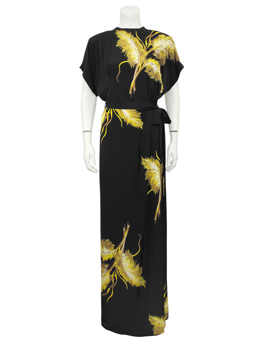 Black Silk Long Dress with Wheat Sheaf Print