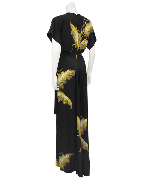 Black Silk Long Dress with Wheat Sheaf Print