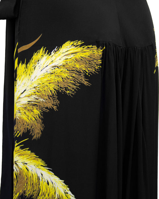 Black Silk Long Dress with Wheat Sheaf Print