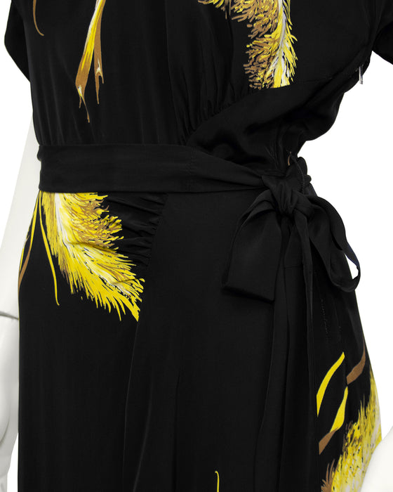 Black Silk Long Dress with Wheat Sheaf Print